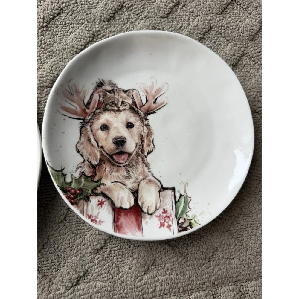 NEW, Set of 2 Christmas Yellow Labrador Puppy/Kitten Dog‎ Plates